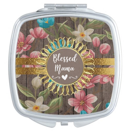 Pink Blue White Floral Rustic Gold Blessed Mama Vanity Mirror