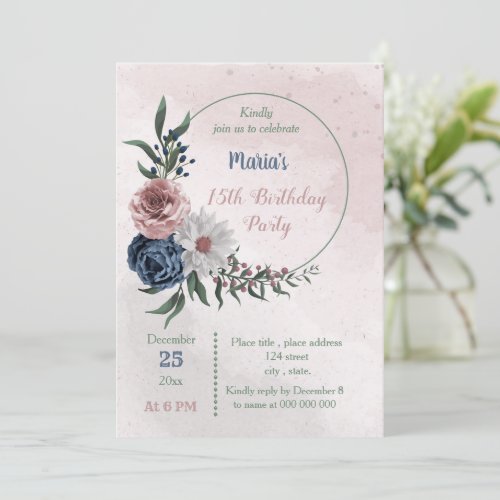  pink blue  white floral wreath birthday party invitation