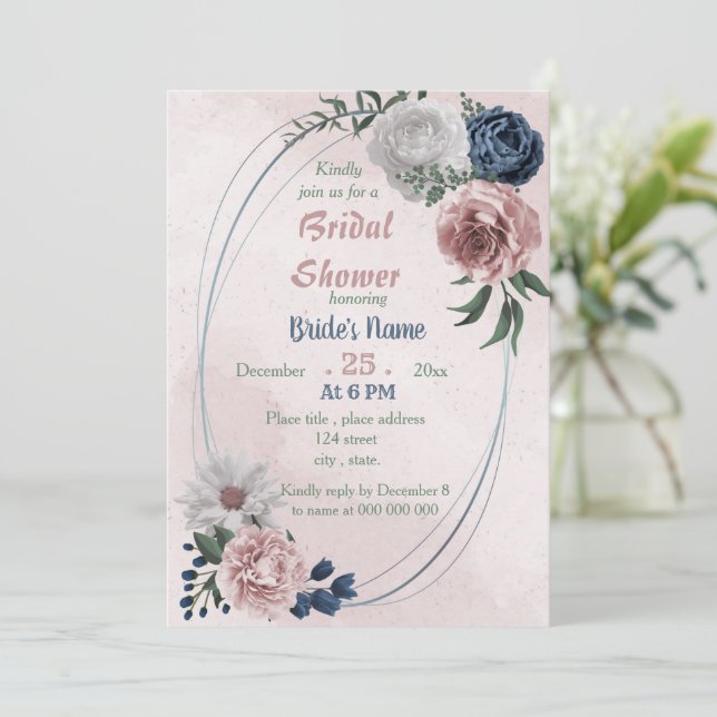  pink blue & white floral wreath bridal shower  invitation (Standing Front)