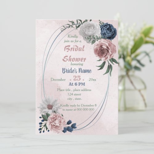  pink blue  white floral wreath bridal shower  invitation