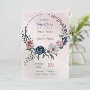 pink blue & white floral wreath save the date