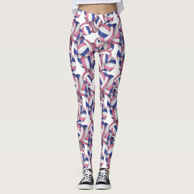 pink blue white girly volleyballs pattern leggings (Front)