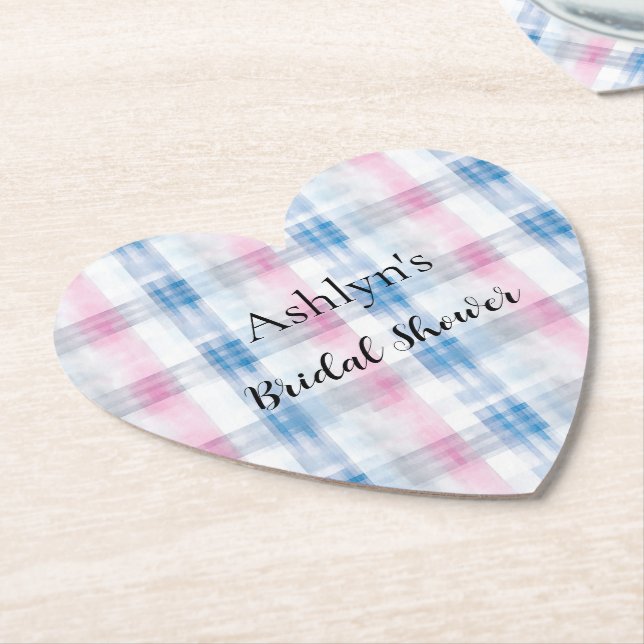 Pink Blue White Plaid Stripes Bridal Shower Paper Coaster (Angled)