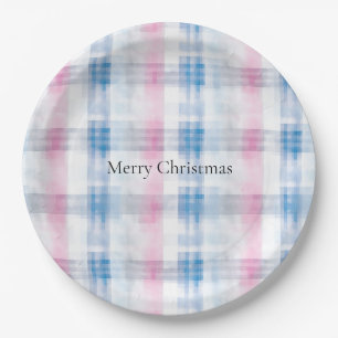 Pink Blue White Plaid Stripes Christmas Paper Plates