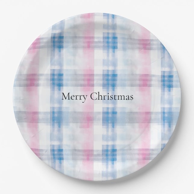 Pink Blue White Plaid Stripes Christmas Paper Plates (Front)