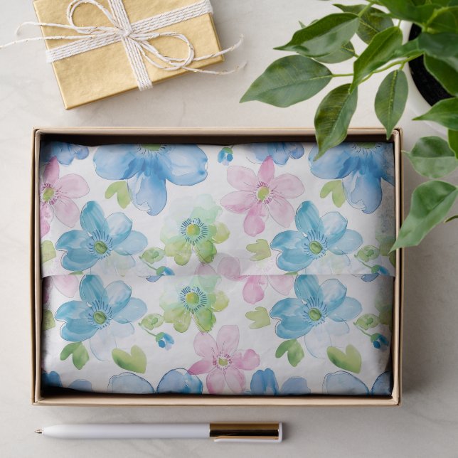 Pink Blue White Plaid Stripes Floral Birthday Tissue Paper (Gift)