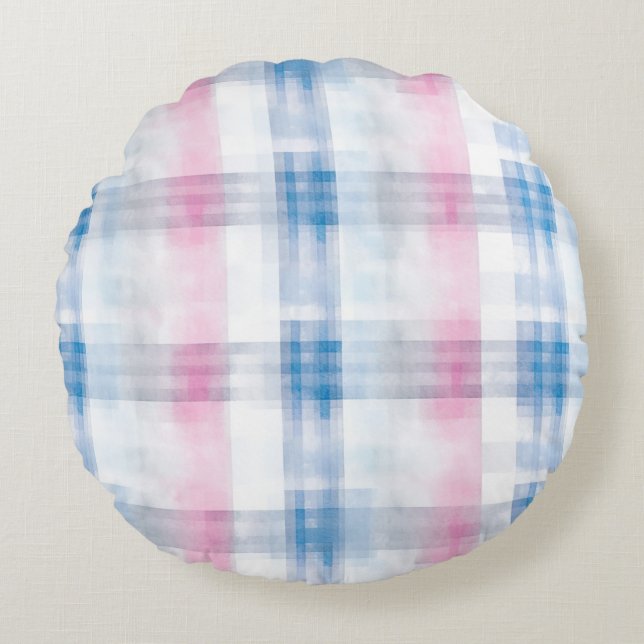 Pink Blue White Plaid Stripes Round Pillow (Front)