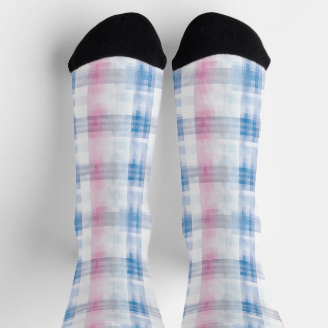 Pink Blue White Plaid Stripes Socks (Top)