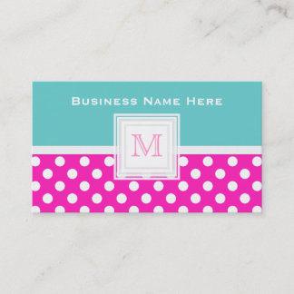 Pink Blue White Polkadot: Monogram Business Card