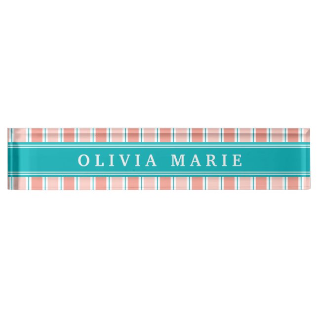 Pink Blue White Stripe Pattern with Name Desk Name Plate (Front)