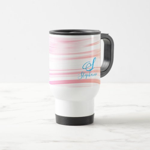 Pink Blue White Wave Abstract Monograms Ombre Travel Mug