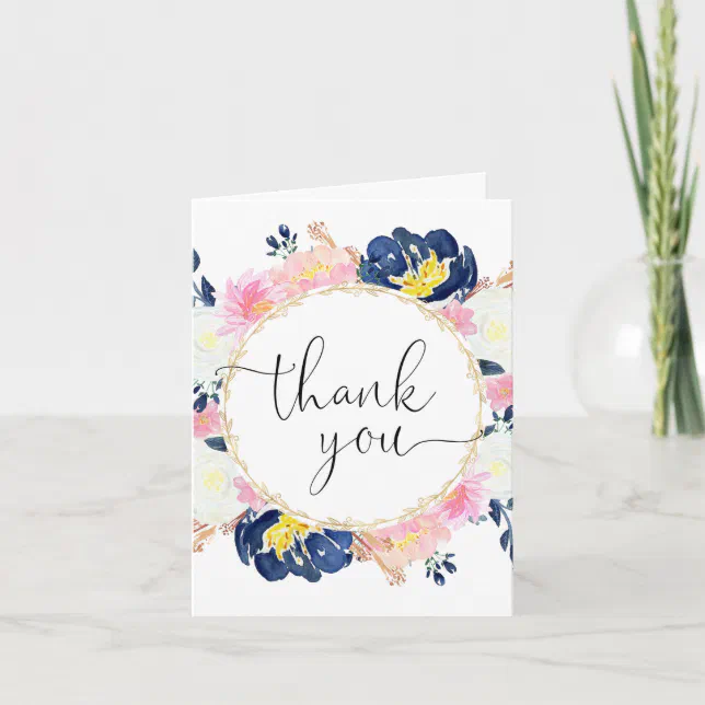 Pink blue white yellow gold floral thank you card | Zazzle