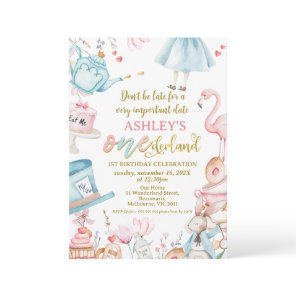 Pink Blue Wildflower Alice Onederland 1st Birthday Invitation