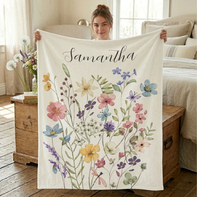 Pink Blue Wildflower Watercolor Name  Fleece Blanket (Creator Uploaded)