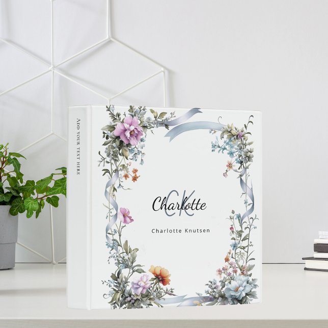Pink blue wildflowers wreath ribbon monogram 3 ring binder (Creator Uploaded)