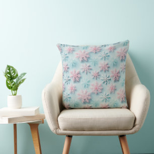 PINK & BLUE WINTER EMBROIDERED LOOK SNOWFLAKES THROW PILLOW