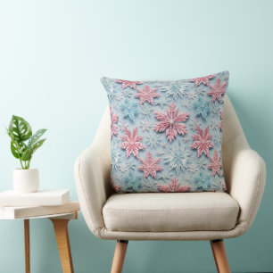 PINK & BLUE WINTER EMBROIDERED LOOK SNOWFLAKES THROW PILLOW