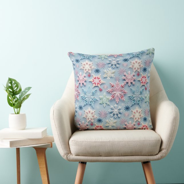 PINK & BLUE WINTER EMBROIDERED LOOK SNOWFLAKES THROW PILLOW (Chair)