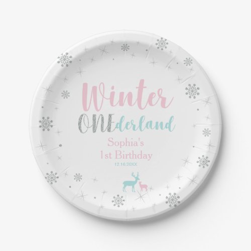 Pink  Blue Winter Onederland 1st Birthday Party Paper Plates