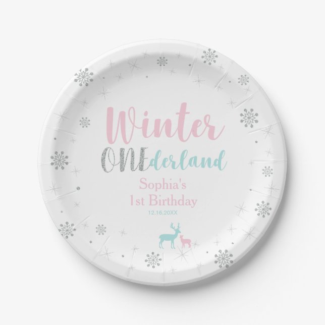 Pink & Blue Winter Onederland 1st Birthday Party Paper Plates (Front)