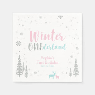 Pink & Blue Winter Onederland Girl 1st Birthday Napkins