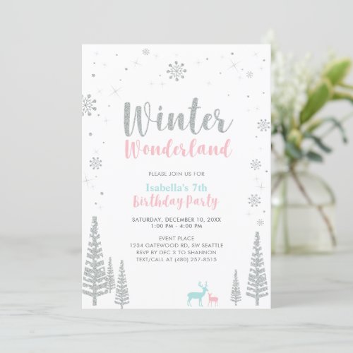 Pink  Blue Winter Wonderland Kids Birthday Invitation