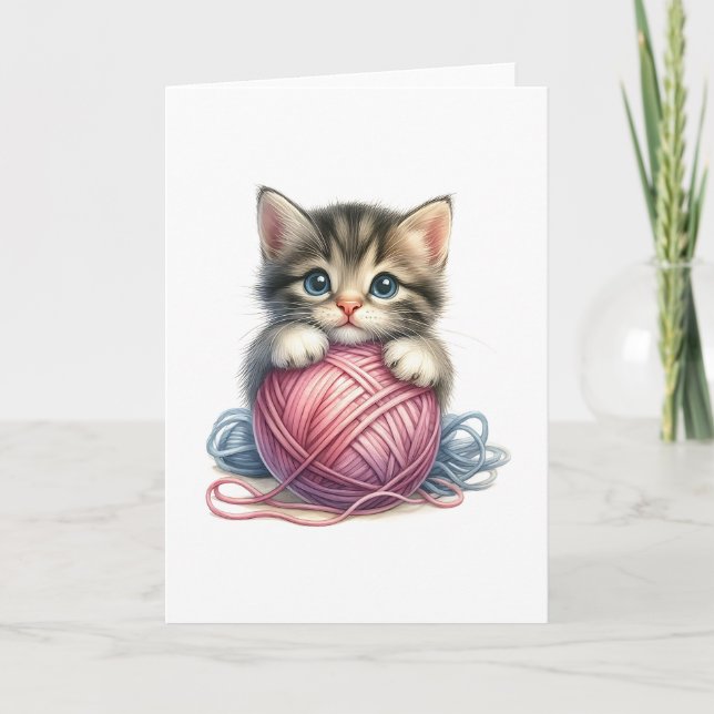 Pink Blue Yarn & Bright-Eyed Kitten Blank Greeting Card (Front)