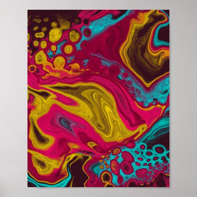 Pink Blue Yellow Abstract Acrylic Pour Fluid Art Poster (Front)