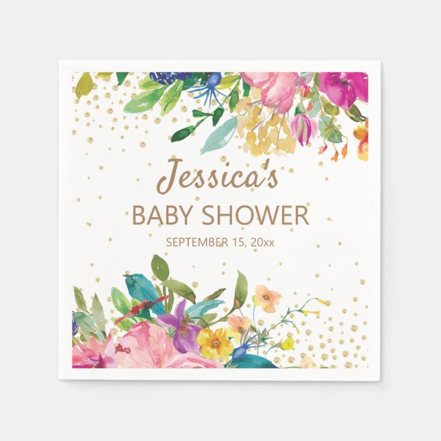 Pink Blue Yellow Baby Shower Gold Glitter White Napkins (Front)