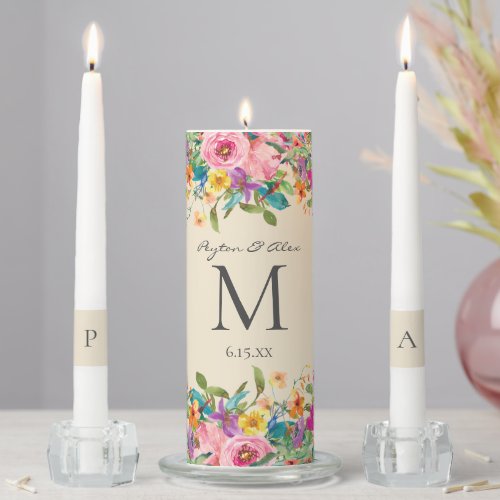 Pink Blue Yellow Boho Floral Wedding Monogram  Unity Candle Set