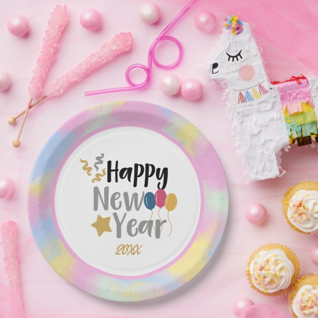 Pink, Blue Yellow Clouds New Year Party Supplies  Paper Plates (Party)