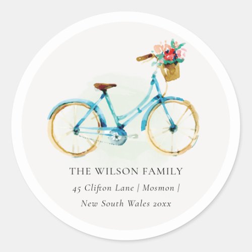 Pink Blue Yellow Floral Bike We have Moved Address Classic Round Sticker