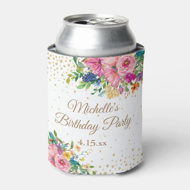 Pink Blue Yellow Floral Birthday Party Can Cooler (Can Front)