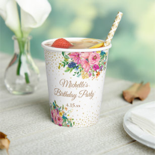 Pink Blue Yellow Floral Birthday Party Paper Cups