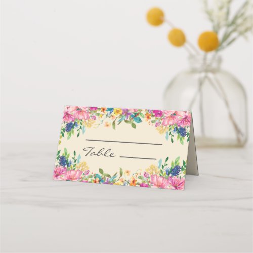 Pink Blue Yellow Floral Cream Wedding  Place Card
