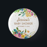 Pink Blue Yellow Floral Gold Glitter Baby Shower Button<br><div class="desc">Colorful pink,  blue,  and yellow watercolor floral baby shower button,  personalized with the name of the mother-to-be and her shower date.  Contact us for help with customization or to request matching products.</div>