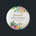 Pink Blue Yellow Floral Gold Glitter Baby Shower Button<br><div class="desc">Colorful pink,  blue,  and yellow watercolor floral baby shower button,  personalized with the name of the mother-to-be and her shower date.  Contact us for help with customization or to request matching products.</div>