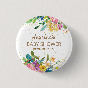 Pink Blue Yellow Floral Gold Glitter Baby Shower Button