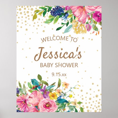 Pink Blue Yellow Floral Gold Glitter Baby Shower Poster