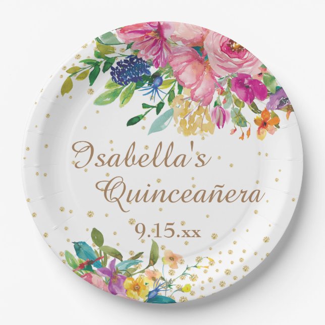 Pink Blue Yellow Floral Quinceañera Birthday Paper Plates (Front)