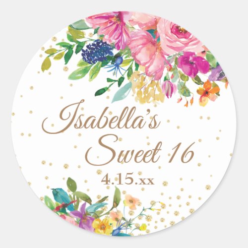 Pink Blue Yellow Floral Sweet 16 Classic Round Sticker