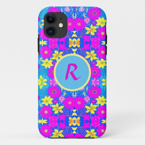 Pink blue yellow flower pattern background add nam iPhone 11 case