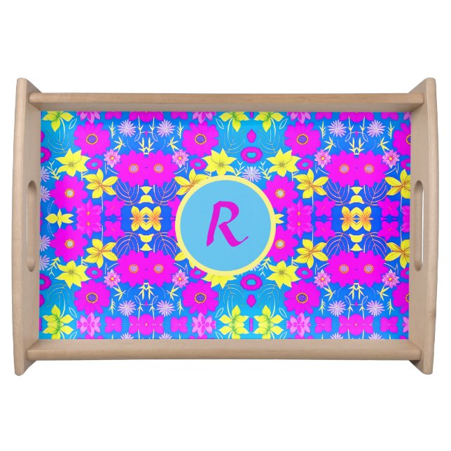 Pink blue yellow flower pattern background add nam serving tray (Front)