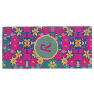 Pink blue yellow flower pattern background add nam wood flash drive