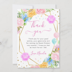 Pink Blue Yellow Flowers Gold Frame Sweet 16 Thank You Card