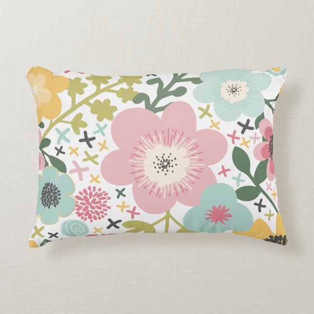 Pink Blue Yellow Flowers Modern Floral  Accent Pillow (Front)