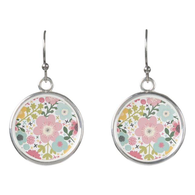 Pink Blue Yellow Flowers Modern Floral  Earrings (Front)