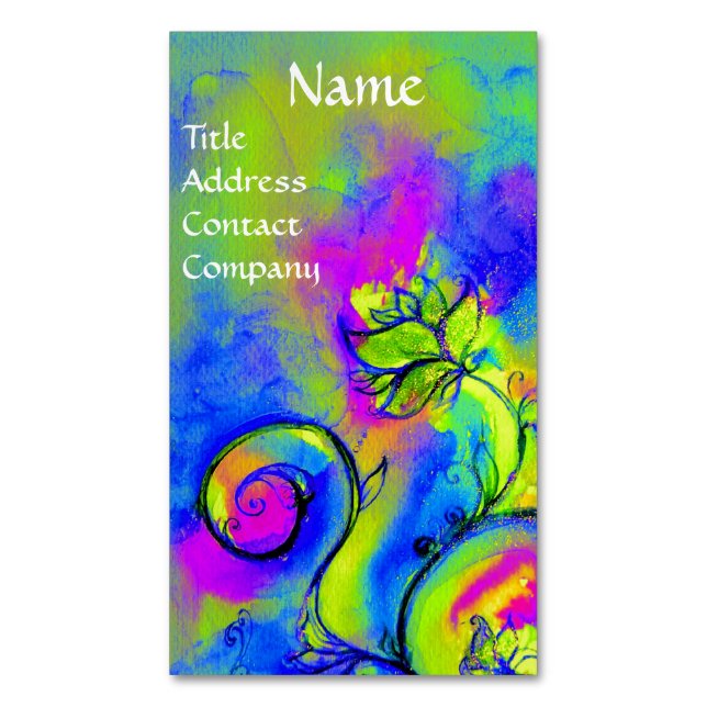 PINK BLUE YELLOW GREEN WHIMSICAL FLOWERS BUSINESS CARD MAGNET (Front Vertical)