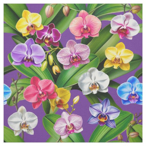 Pink Blue Yellow Lilac Green Orchid Flowers Fabric