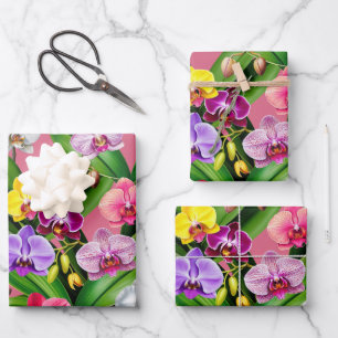 Pink Blue Yellow Lilac Green Orchid Flowers Wrapping Paper Sheets